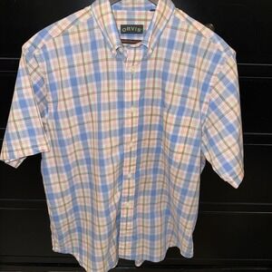 ORVIS Men's Short Sleeved‎ Blue Pink Plaid Button Down Shirt Large